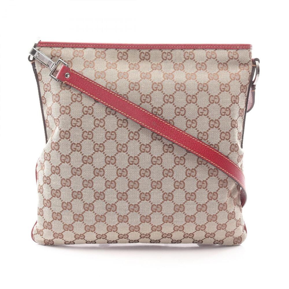 Gucci GG Canvas Shoulder Bag Leather Beige Cream Burgundy Red